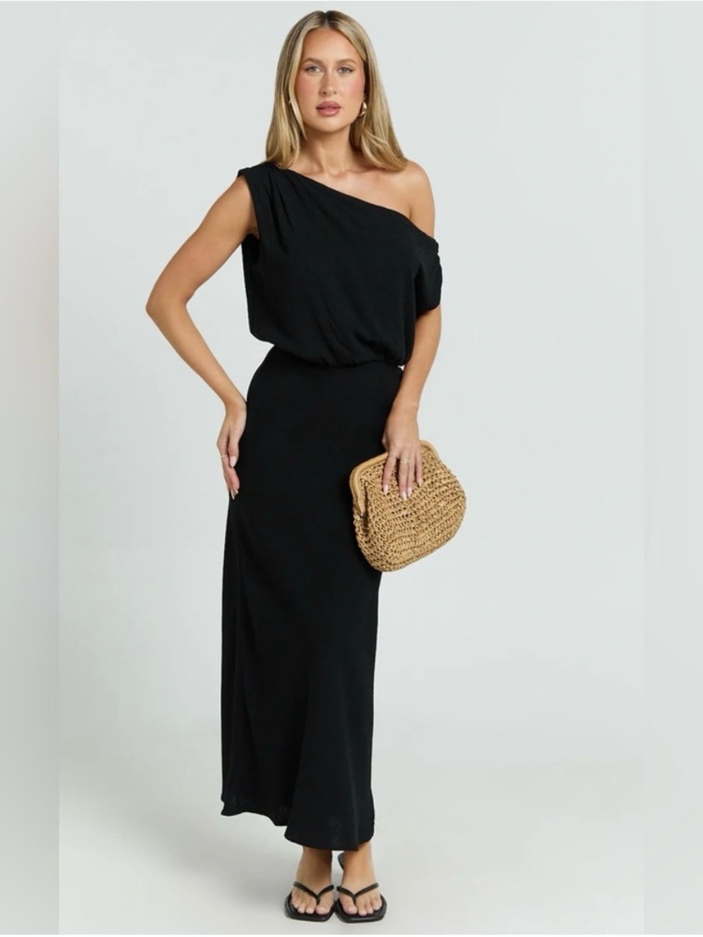 Showpo Black One-Shoulder Linen Maxi Dress - Picture 2 of 8